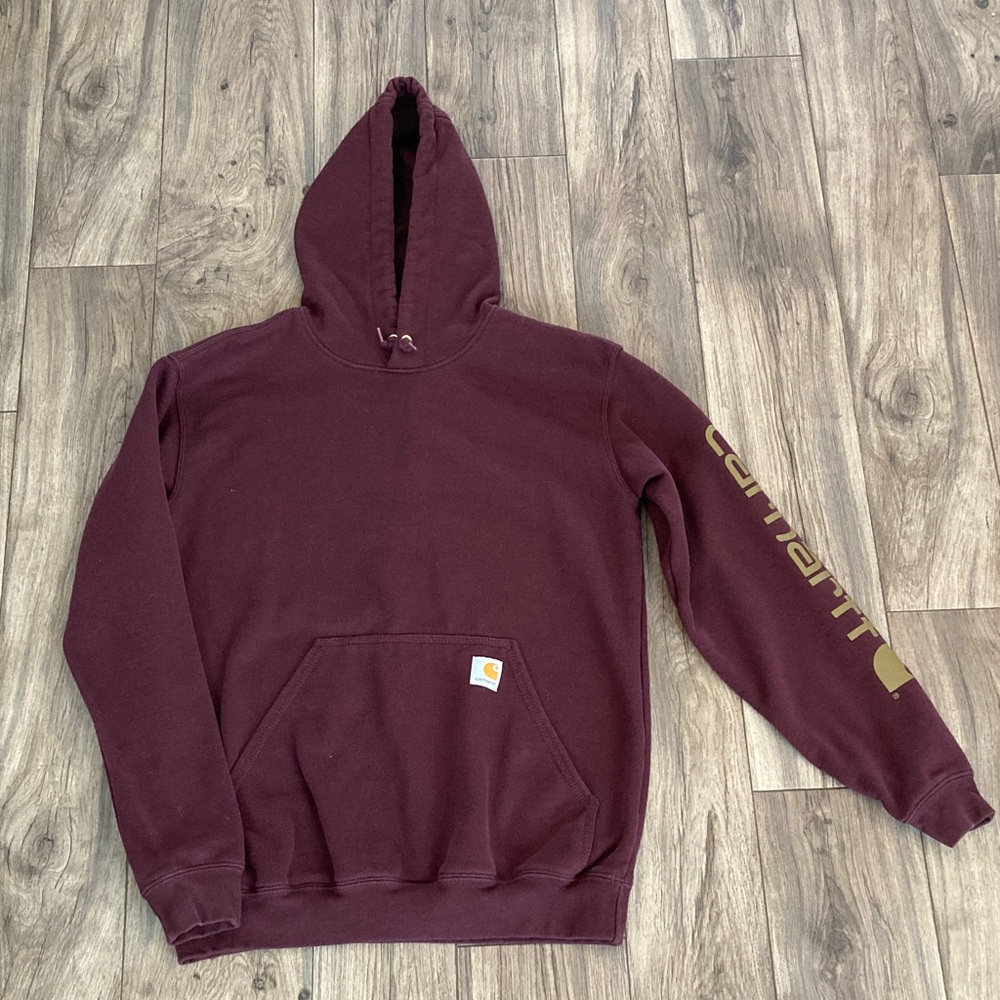 Carhartt Women’s Burgundy Hoodie with Gold Logo Size Small